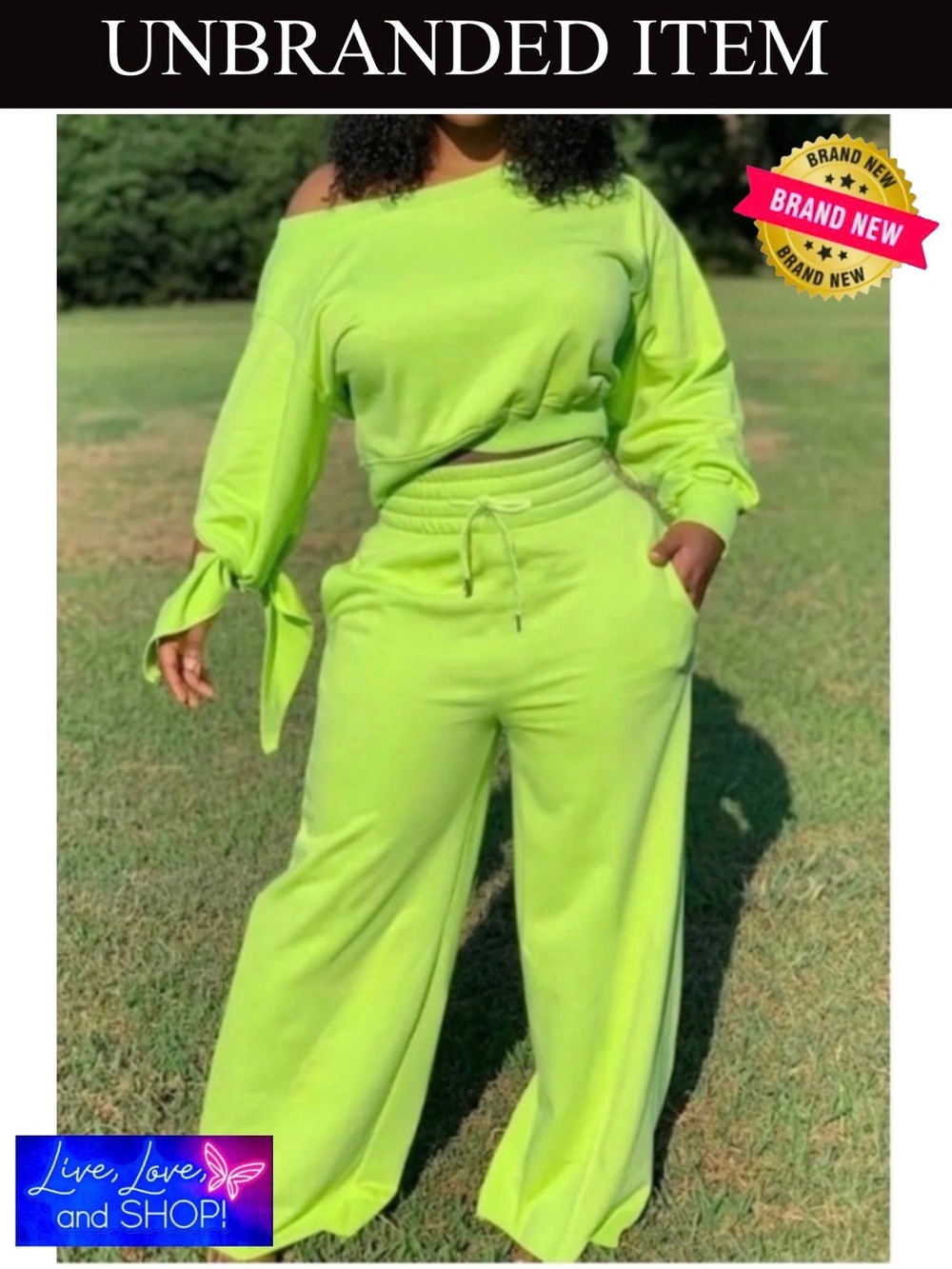 SWEATSUIT: Lime Green Slanted Shoulder Long Sleeve Top w/Drawstring Pants, NWOT